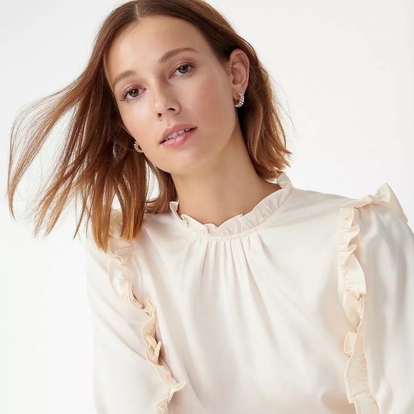 J Crew Ruffle Sleeve Top Long Sleeve Satin Shirt - Picture 3 of 9
